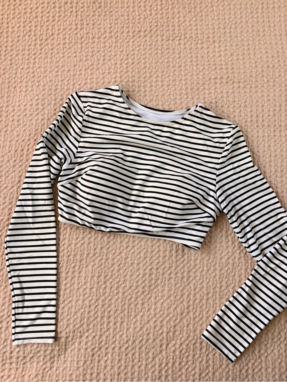 Striped Long-Sleeve Swimsuit Crop Top - Black & White
